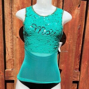 Janine Of London Sequin Mesh Teal Sleeveless Top Size S